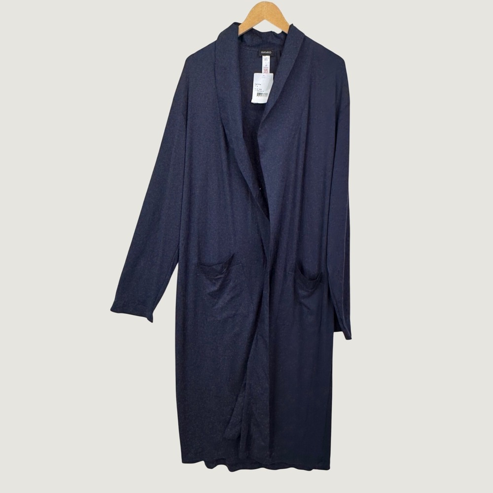 Hanro Night & Day Robe Mens L Navy Blue Cotton Luxury Loungewear *Missing Belt*